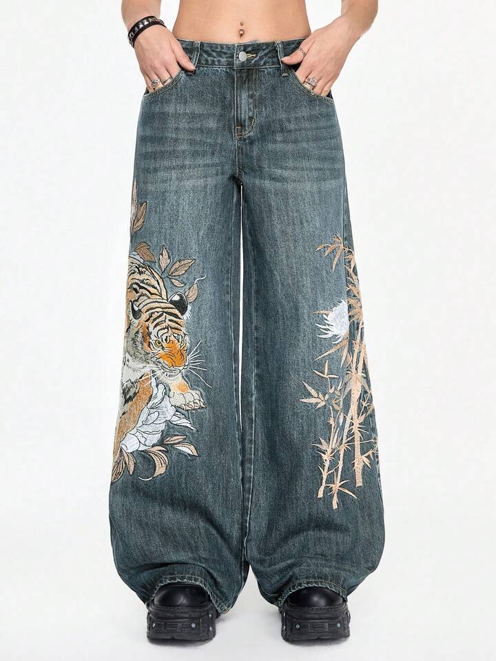 Unisex Chinese Tiger & Floral Embroidery Loose Wide-Leg Jeans