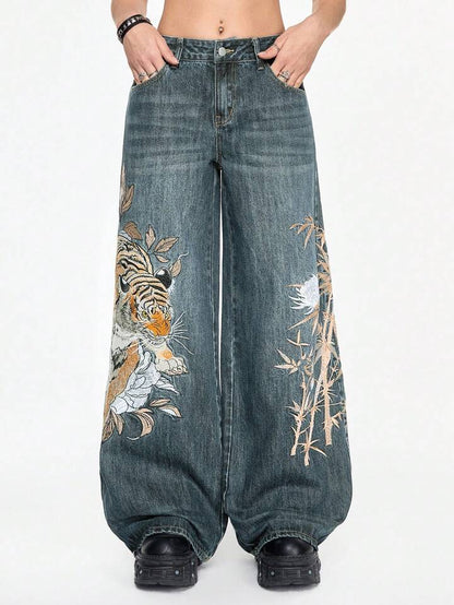 Unisex Chinese Tiger & Floral Embroidery Loose Wide-Leg Jeans