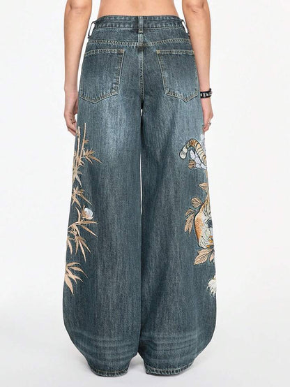 Unisex Chinese Tiger & Floral Embroidery Loose Wide-Leg Jeans