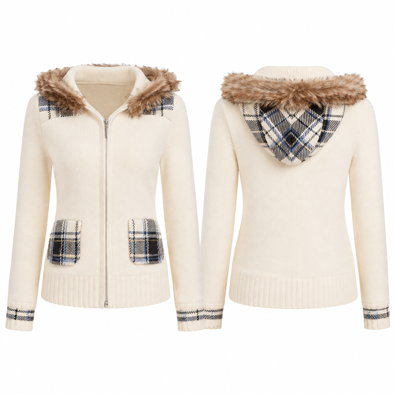 Plaid Fur-Trim Knit Zip Hoodie