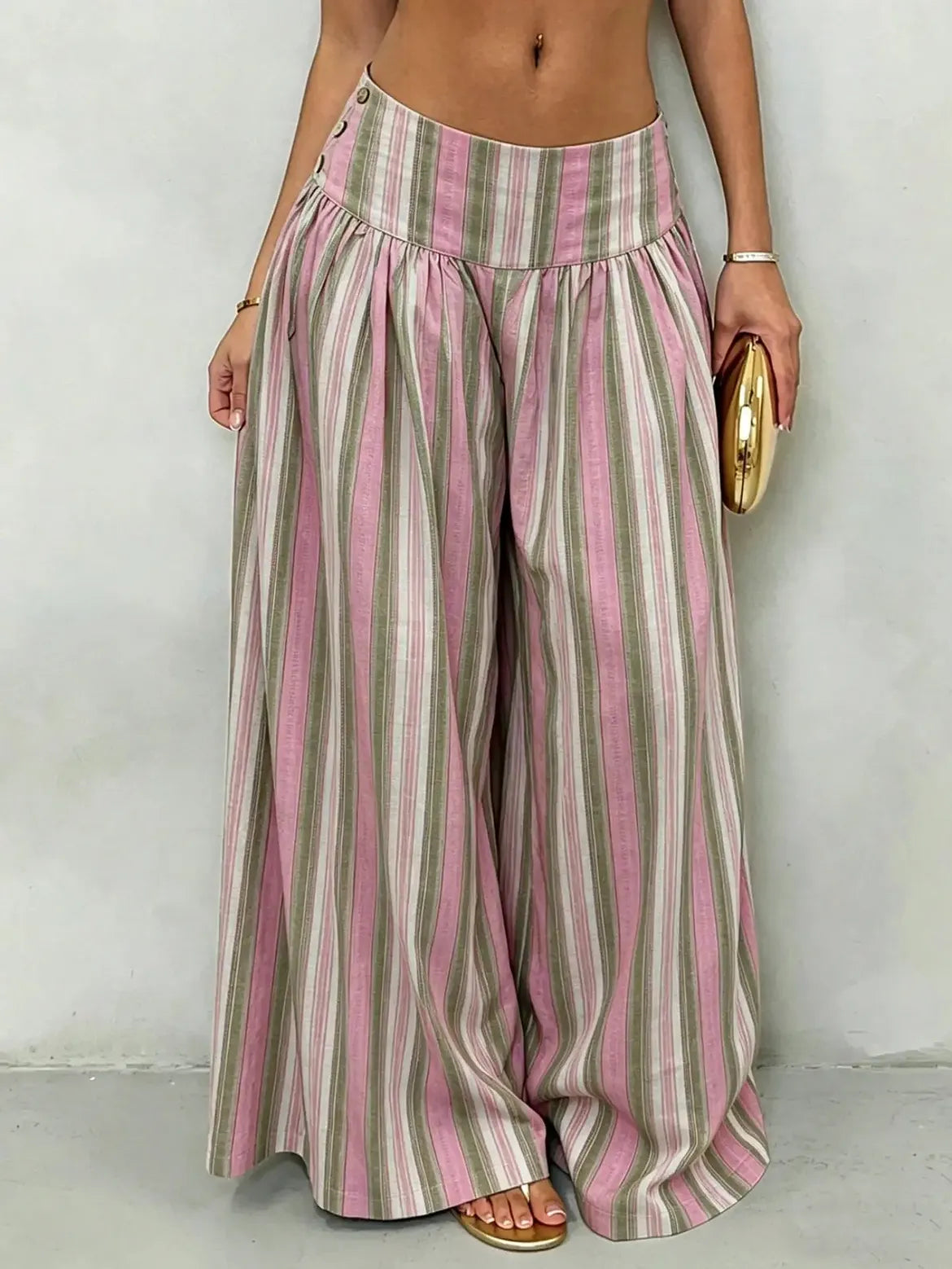 Pink Striped Woven Low-Waist Wide-Leg Pants